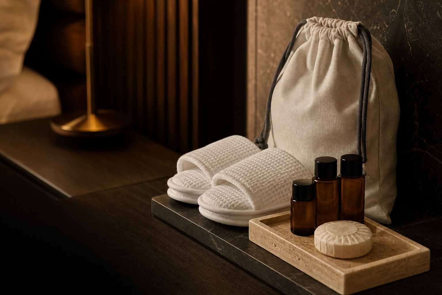 Premium hotel guest amenities with slippers, laundry bag and toiletries